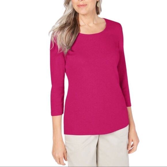 Karen Scott Three Quarter Sleeve Cotton Scoop-Neck Top • NWT - Picture 1 of 10